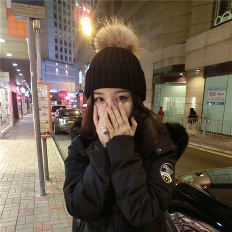 韩版皮草帽子女冬季针织帽黑色真貉子毛大球毛线帽亲子保暖加厚潮