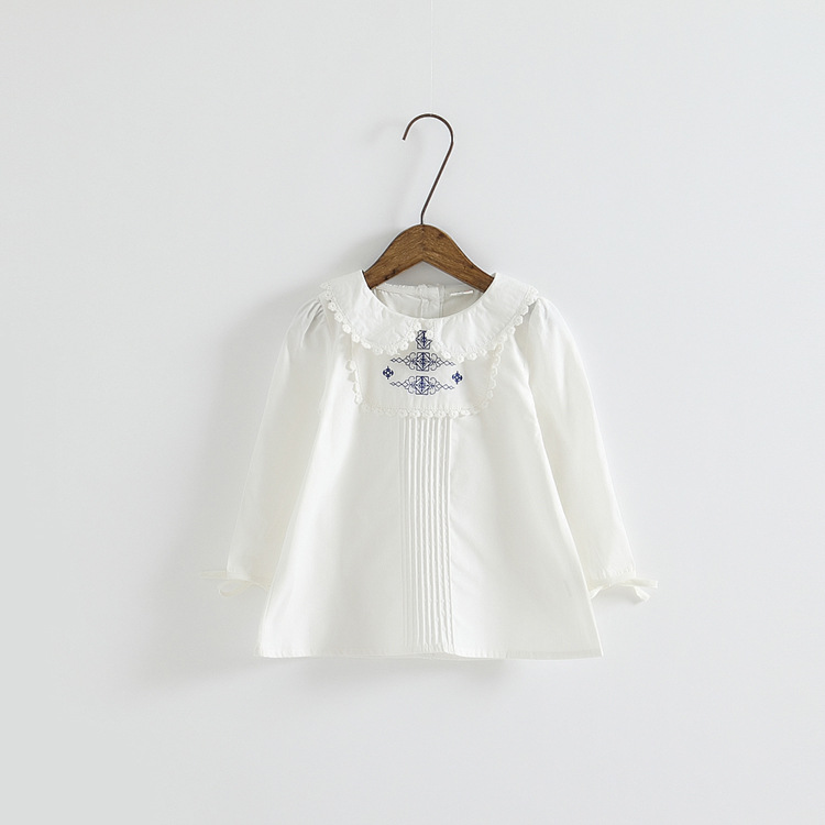 2015春款童装儿童宝宝女童白色刺绣娃娃领全棉长袖衬衫打底衣衬衣