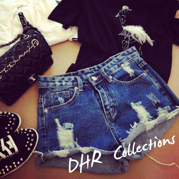 DHR 2015夏季新款东大门韩国代购韩版破洞磨边深蓝色牛仔短裤热裤