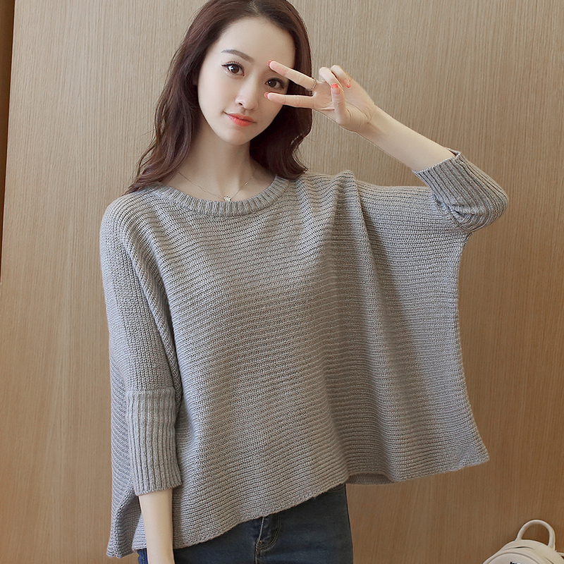 2016年新款韩版宽松粗线针织毛衣蝙蝠袖百搭套头圆领长袖针织衫女