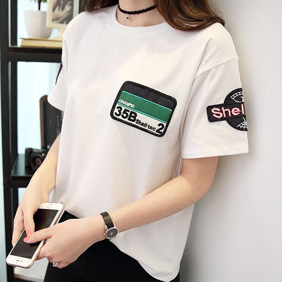 夏装2016韩版新款白色T恤女短袖宽松贴布字母半袖体恤上衣学生潮