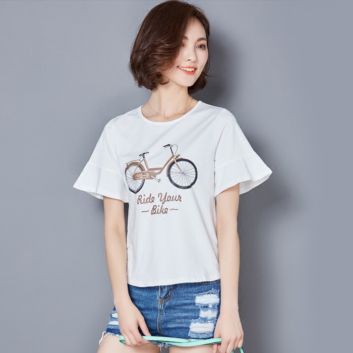 夏季韩版学生简约显瘦纯棉t恤女短袖宽松胖mm百搭大码喇叭袖上衣