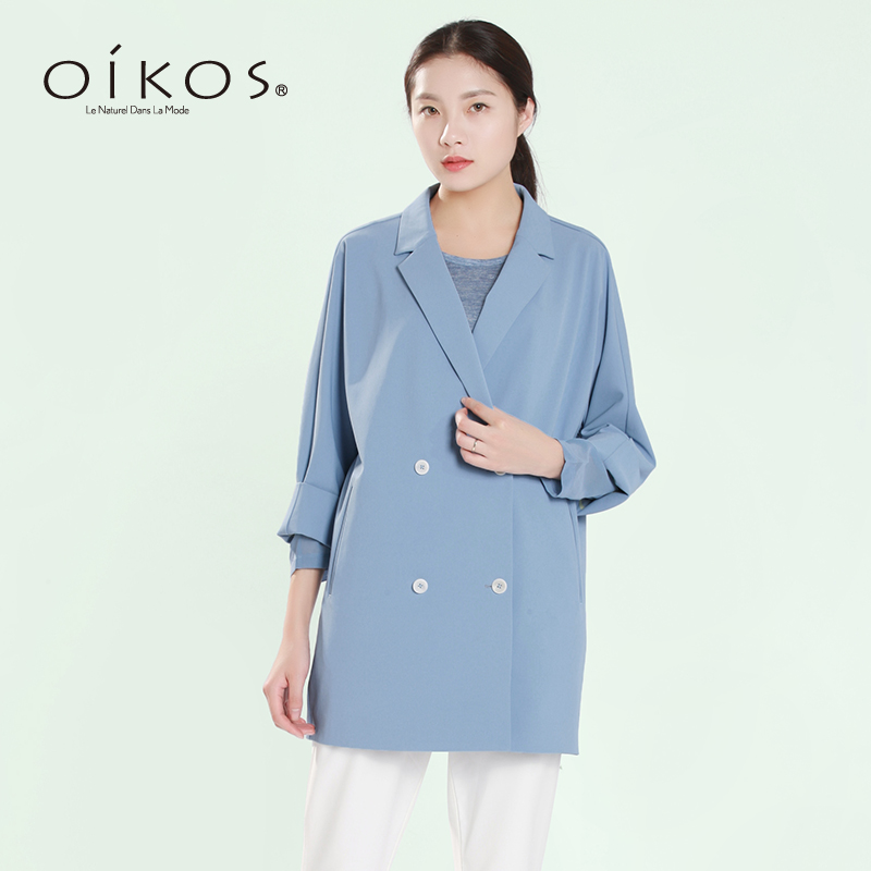 oikos春季新品时尚双排扣西装领七分袖略松版型休闲西服5141J1064