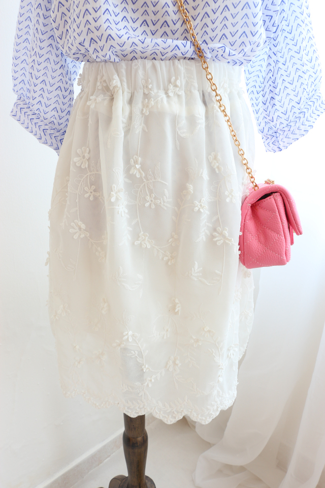 GL 韩国定制2015夏季新款女 甜美刺绣立体花朵松紧腰雪纺半身裙女