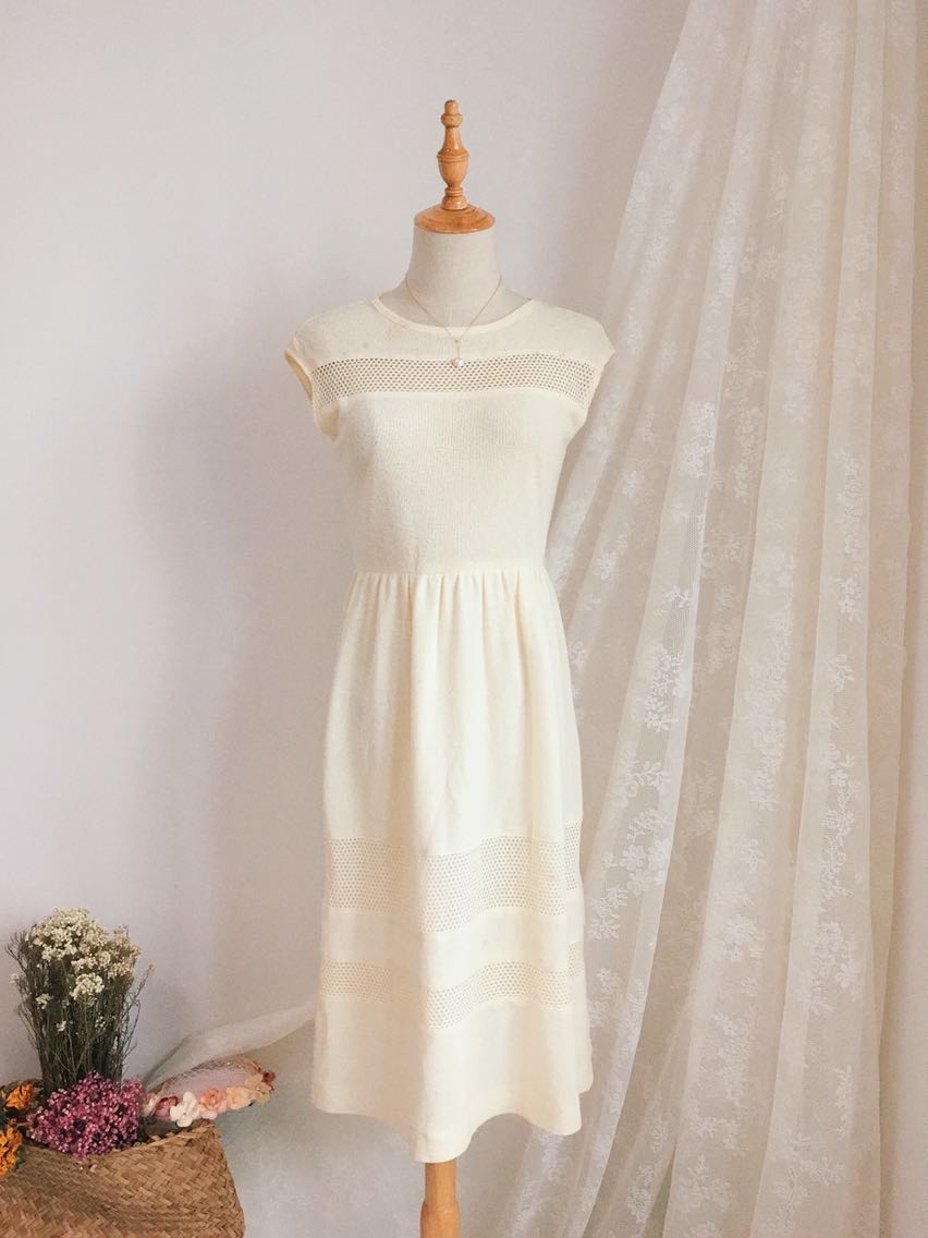 米白色纯棉针织vintage连衣裙