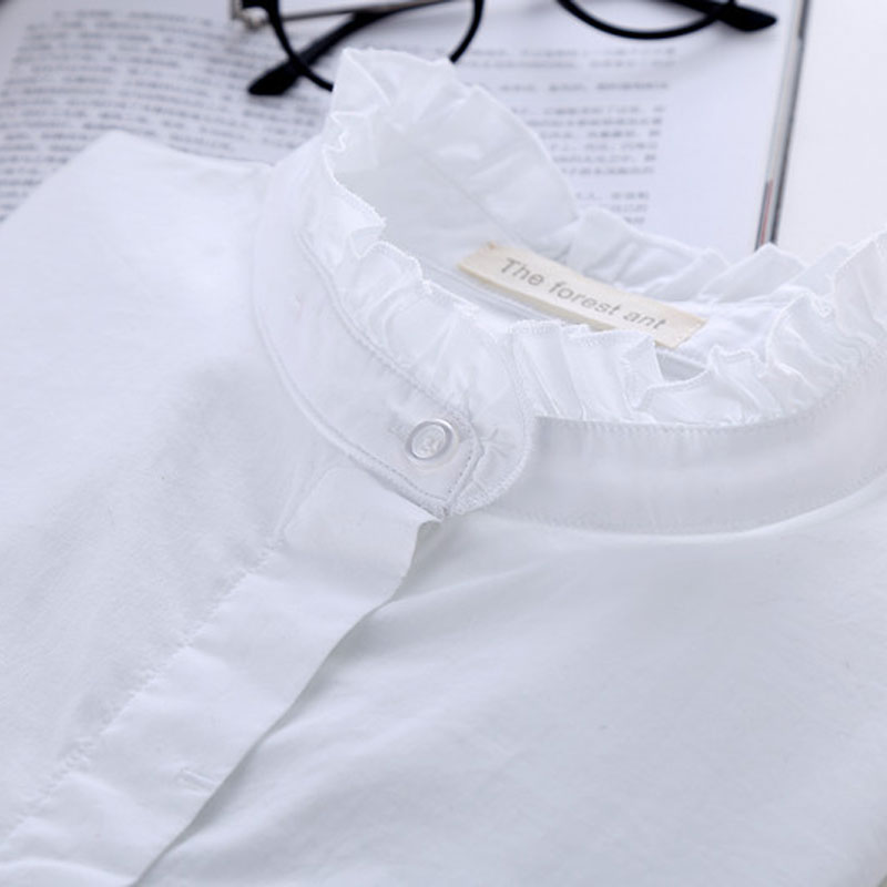 白色衬衫女长袖秋季新款木耳边立领打底寸衫韩版女装纯棉文艺衬衣