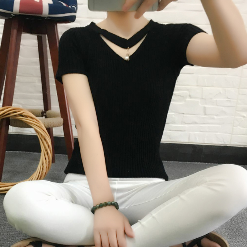2016新款韩版套头v领针织衫短袖修身紧身显瘦t恤夏装毛衣女打底衫