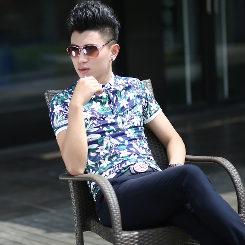 2015春夏装新款POLO衫 英伦韩版修身男小立领印花青年短袖poloT恤