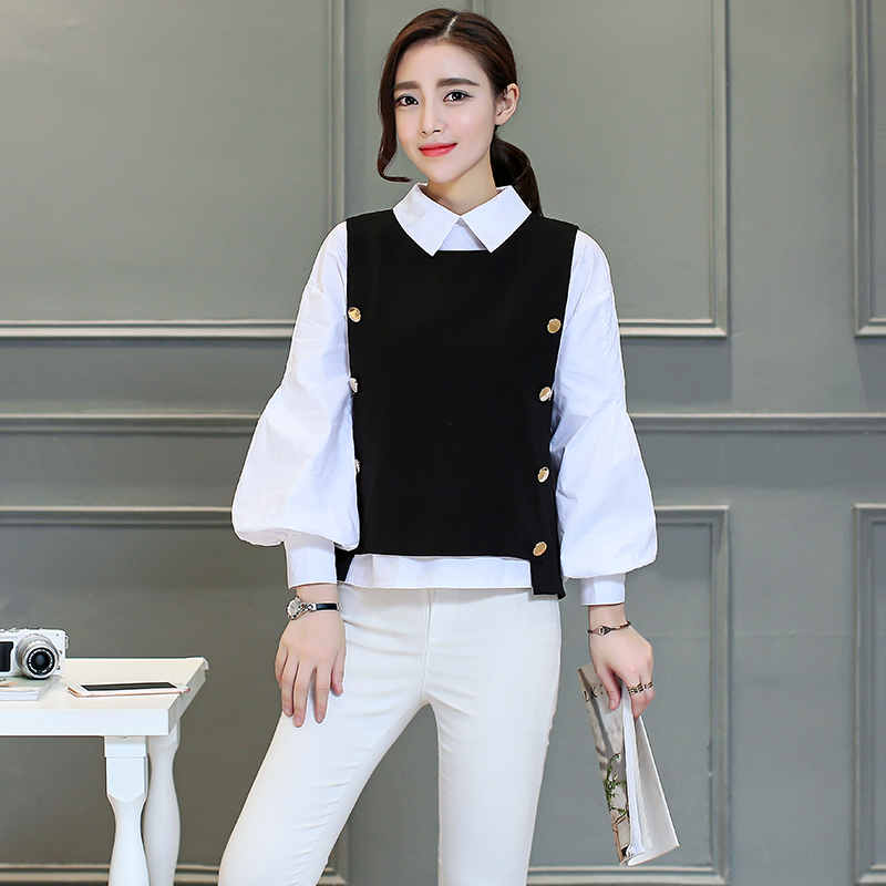 韩版秋装套装女潮新款两件套 长袖灯笼袖条纹衬衫短款背心套装女