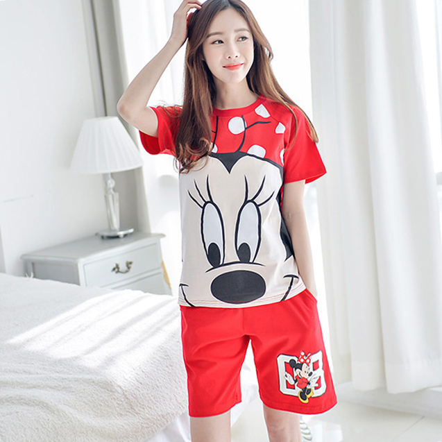 夏季卡通可爱少女学生睡衣纯棉短袖薄款韩版家居服套装米奇维尼熊
