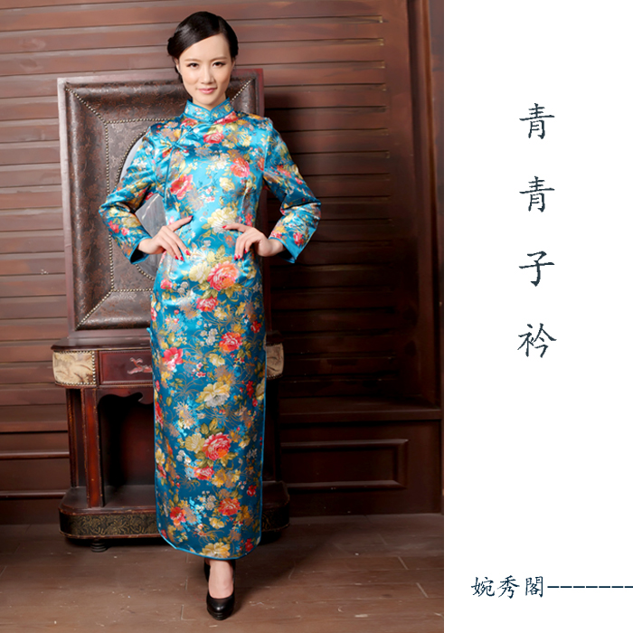 春季新款2015高档锦缎长袖传统长旗袍日常高贵中式优雅孔雀蓝牡丹