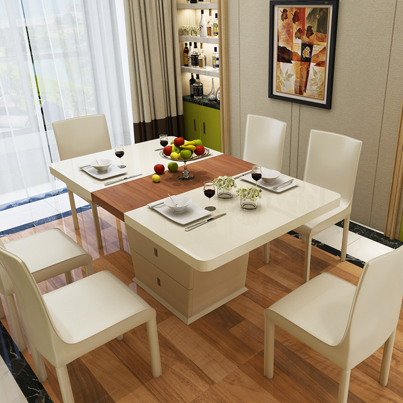 ms 伸缩餐桌椅组合 简约现代折叠餐桌钢化玻璃烤漆储物小户型餐台