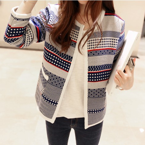 2015韩国代购新款韩版小香风条纹外套长袖格子针织开衫女短款