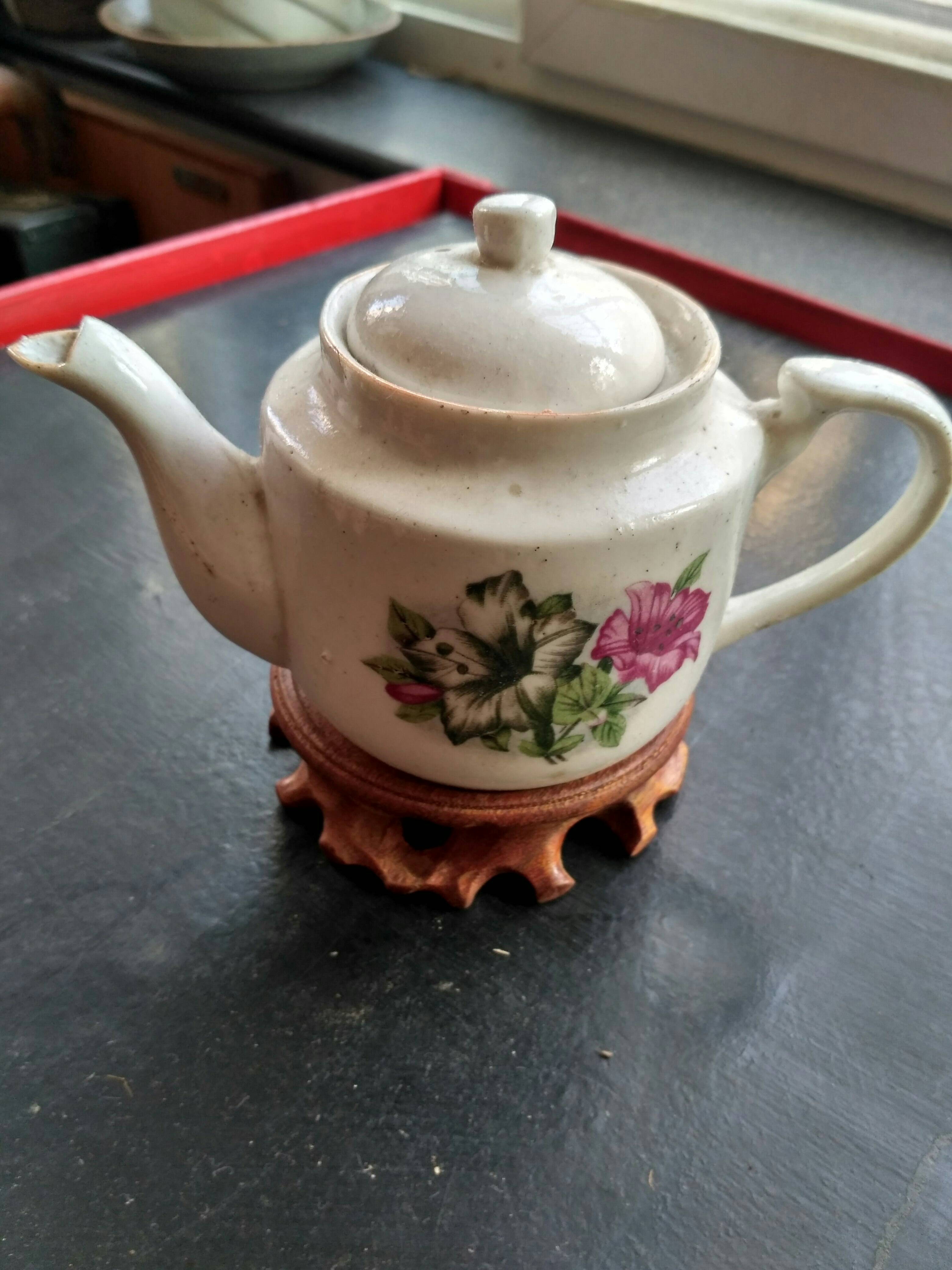 瓷茶壶 老茶壶 花卉图案白瓷茶壶 老茶具老茶壶收藏包老文革前后