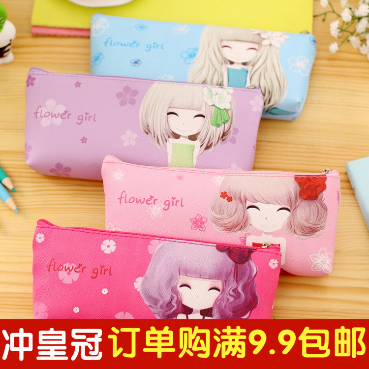 韩国可爱大容量花花姑娘笔袋 简约中学生笔袋女 PU皮动漫文具盒