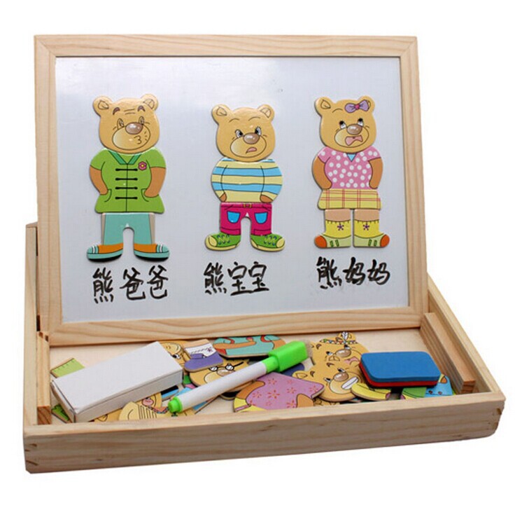 木丸子磁性拼图双面画板小熊拼拼乐益智木制玩具两支笔贴纸木板1