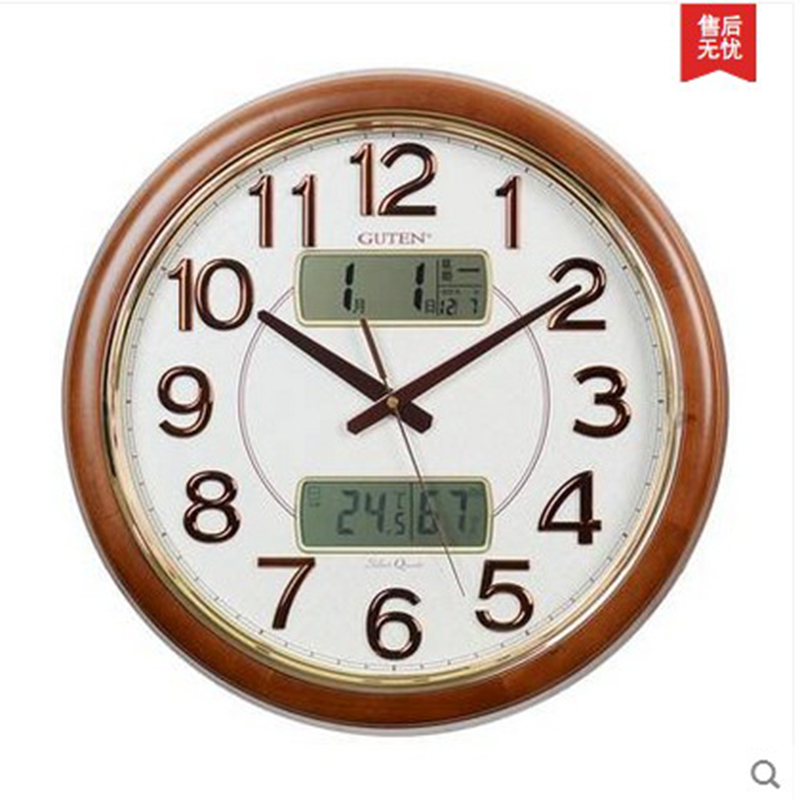 正品欧式大号实木静音挂钟温湿度万年历挂表现代时钟客厅石英钟表