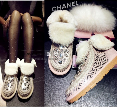 欧美时尚冬季甜美印花水钻羊皮雪地靴平跟圆头羊毛保暖女靴子短靴