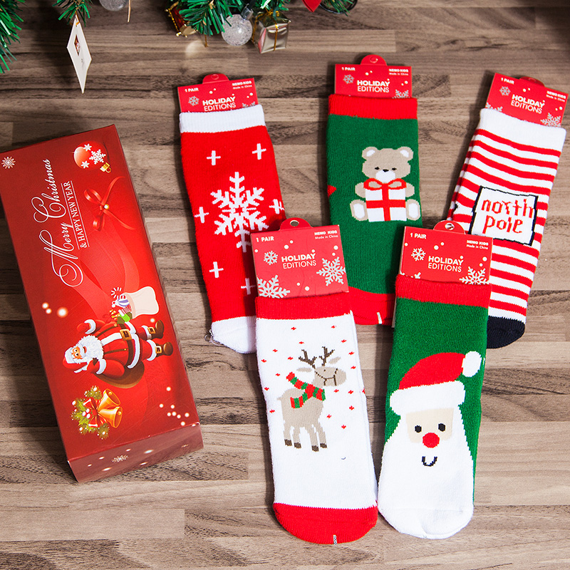 5双礼盒装圣诞主题儿童袜子 秋冬毛圈加厚宝宝袜 1-3-5-7岁男女童