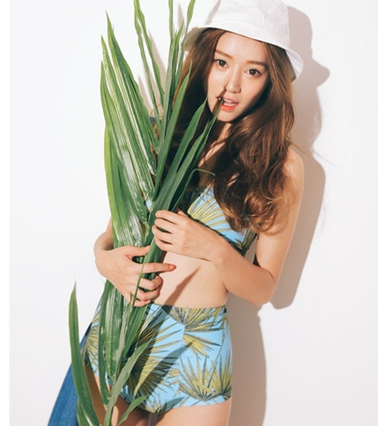 韩国代购热带椰林印花抹胸高腰比基尼沙滩度假温泉女泳衣
