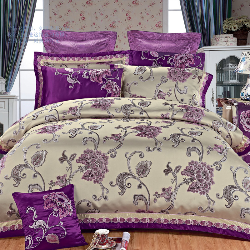 紫色样板间欧式高档床上用品 新古典奢华贡缎提花十件套件家纺