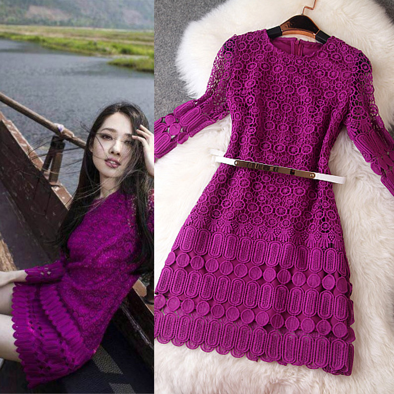 2015春秋新款女装明星同款紫色五分袖修身连衣裙包邮镂空蕾丝时尚
