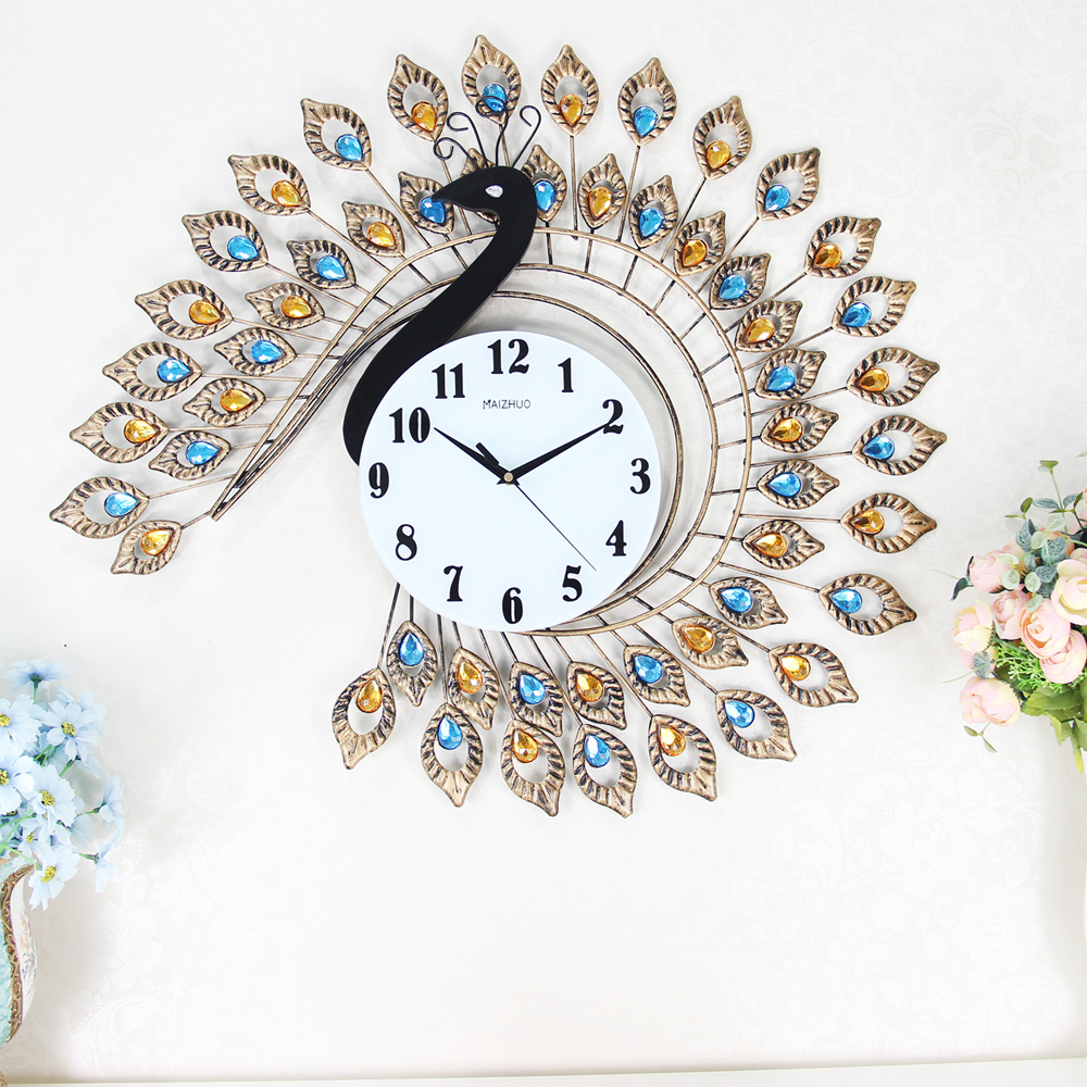 孔雀创意个性客厅挂钟大 欧式时尚简约钟表 现代静音石英钟时钟