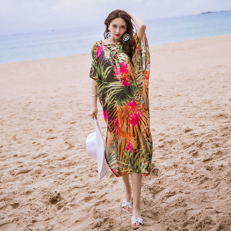 马尔代夫夏雪纺宽松长裙波西米亚海边度假海滩裙沙滩裙胖mm连衣裙
