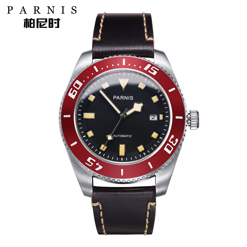 Parnis/柏尼时正品 全自动机械表男士真皮表带手表 防水运动腕表