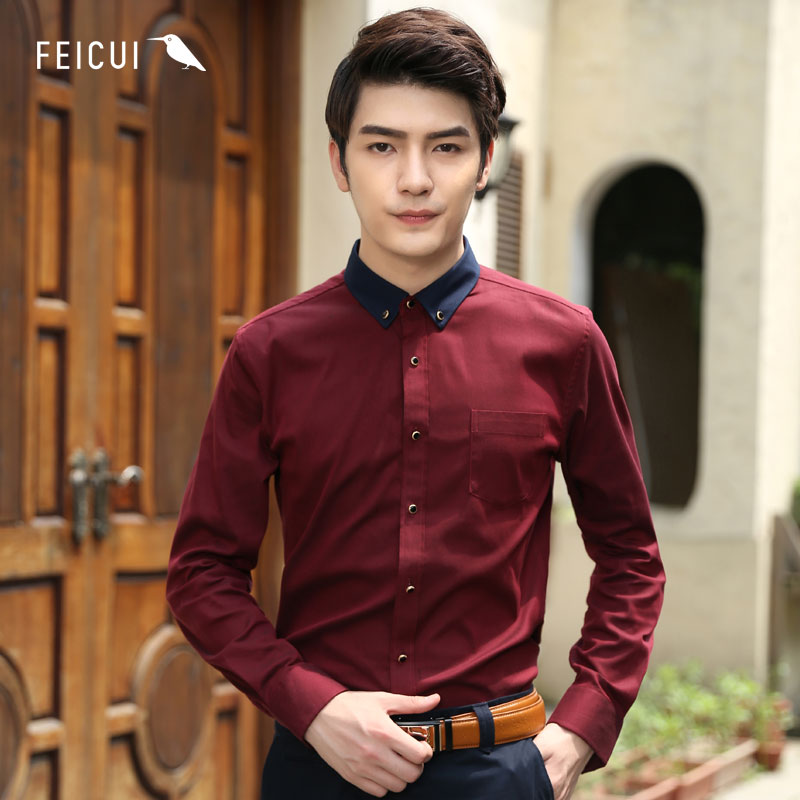 feicui翡翠男装男士衬衫2015秋季新品韩版休闲深酒红长袖衬衫