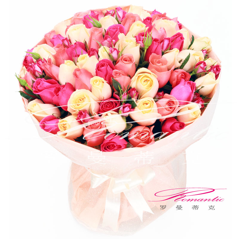 烟花|香槟色粉色桃红色五彩玫瑰精致花束|北京鲜花速递3小时送达