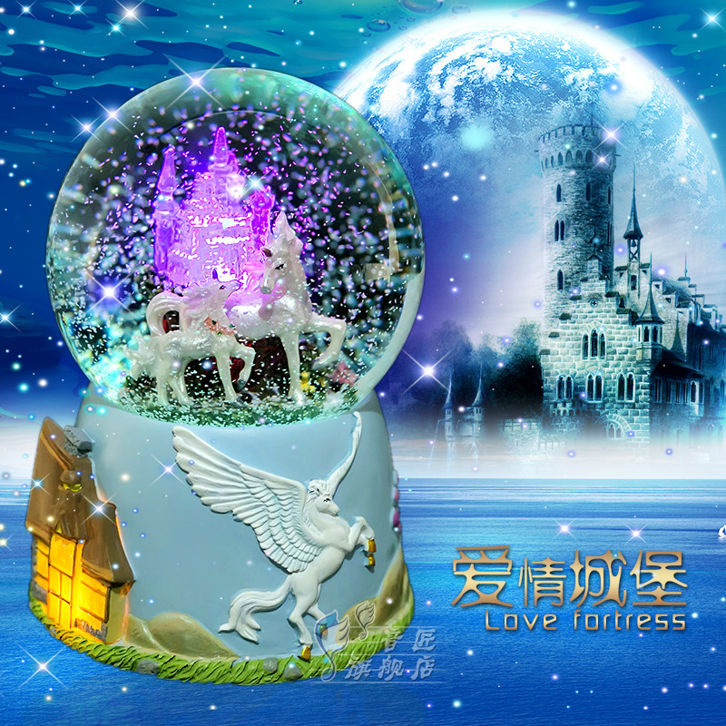 独角兽城堡飘雪发光水晶球音乐盒八音盒 天空之城情人节圣诞礼物