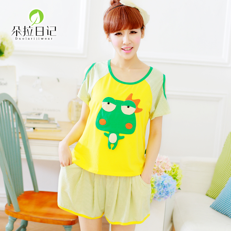 韩式学生夏季家居服套装少女可爱卡通青蛙镂空短袖短裤纯棉睡衣女