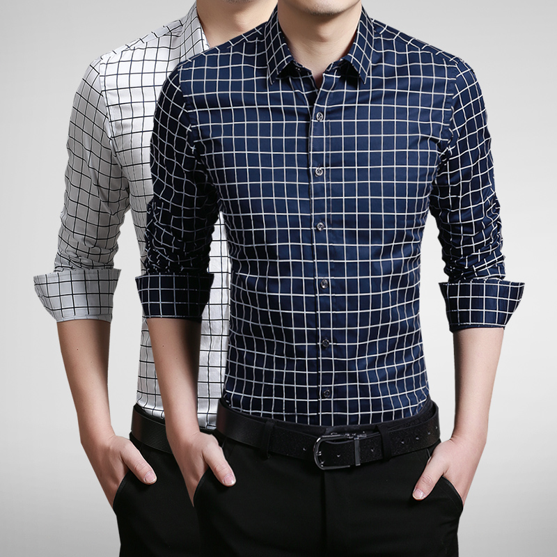 男士衬衫韩版修身舒适方领衬衣商务休闲男士格子衬衣DJ391TP35