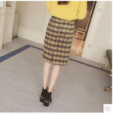 2015秋装韩国新款清新格子呢子高腰修身包臀中裙半身裙女