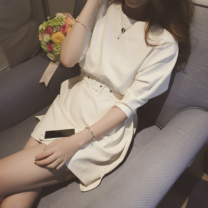 2015秋装新款韩版连衣裙女士七分袖宽松显瘦纯色圆领套头中裙学生