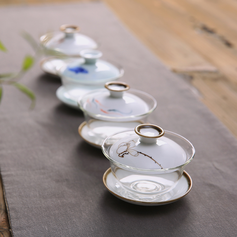 新款耐热玻璃青花功夫盖碗三才碗泡茶器茶具套装手绘陶瓷茶碗包邮