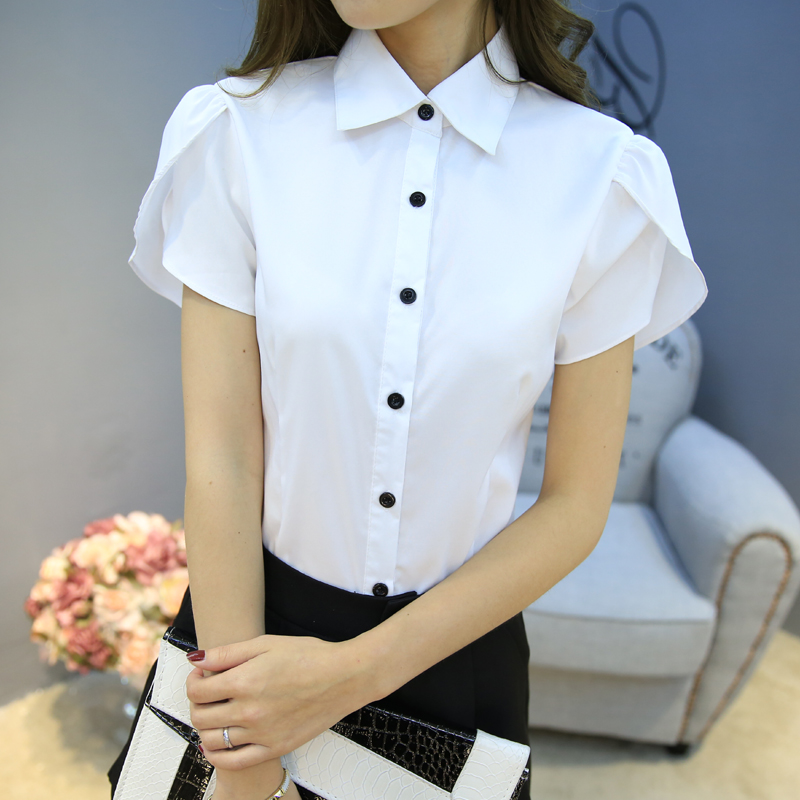 2015韩范夏装学生白衬衫女短袖职业小清新修身百搭白色雪纺衬衣