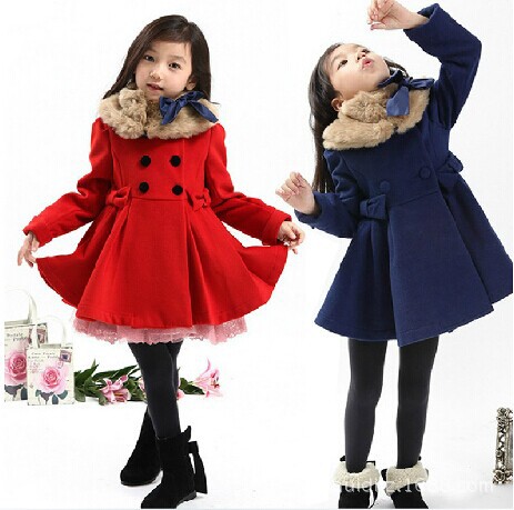 2015新款春装新款韩版加绒加厚儿童女童羊毛呢 大衣大毛领 外套