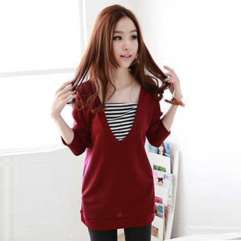 2014新款韩版女装宽松显瘦V领条纹打底衫秋季女式长袖T恤