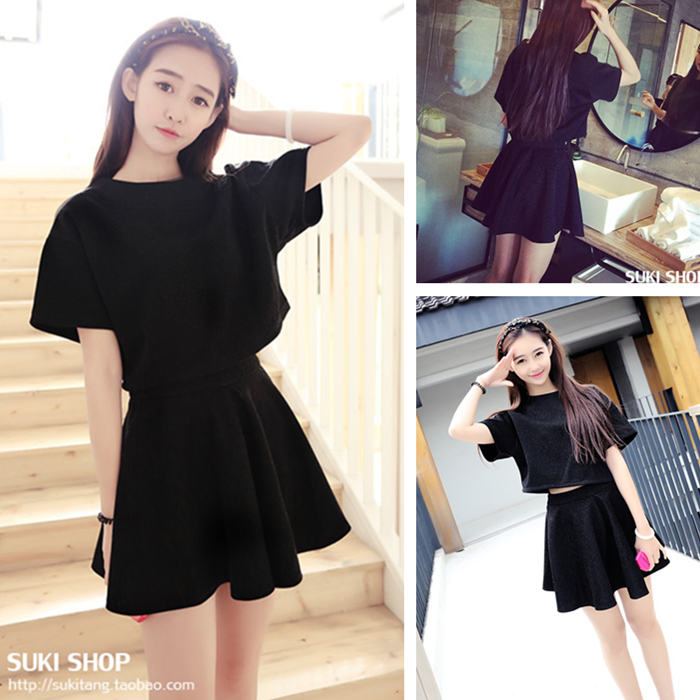2015夏季新款韩版潮女装批发 超显瘦经典闪光小黑裙套装