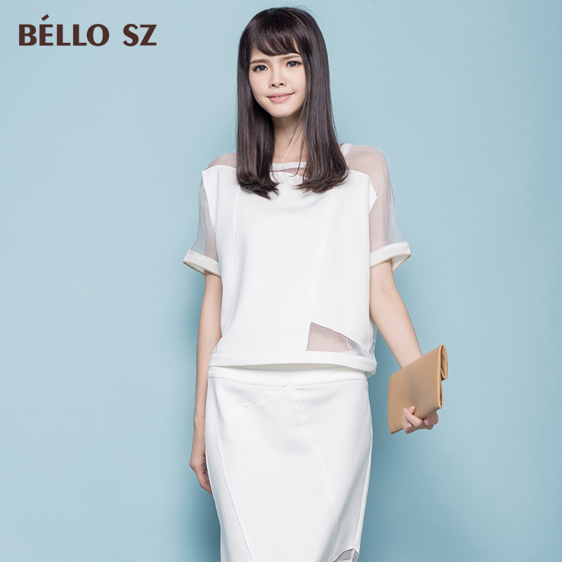 品牌bello sz贝洛安2015夏装新款圆领修身透视拼接短袖T恤女 夏季