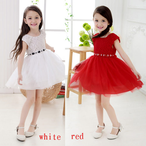 童装连衣裙女童夏装新款蕾丝公主裙短袖大摆童裙白色红色韩版纱裙