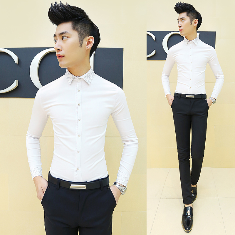 发型师修身长袖衬衫英伦青少年上衣常规韩版纯白色时尚个性男衬衣