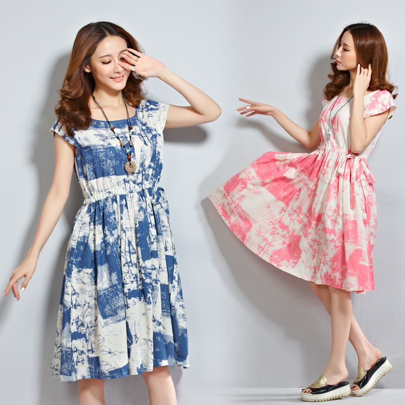 2015夏季新款韩系大码女装复古短袖袖水墨印花民族风棉麻连衣裙