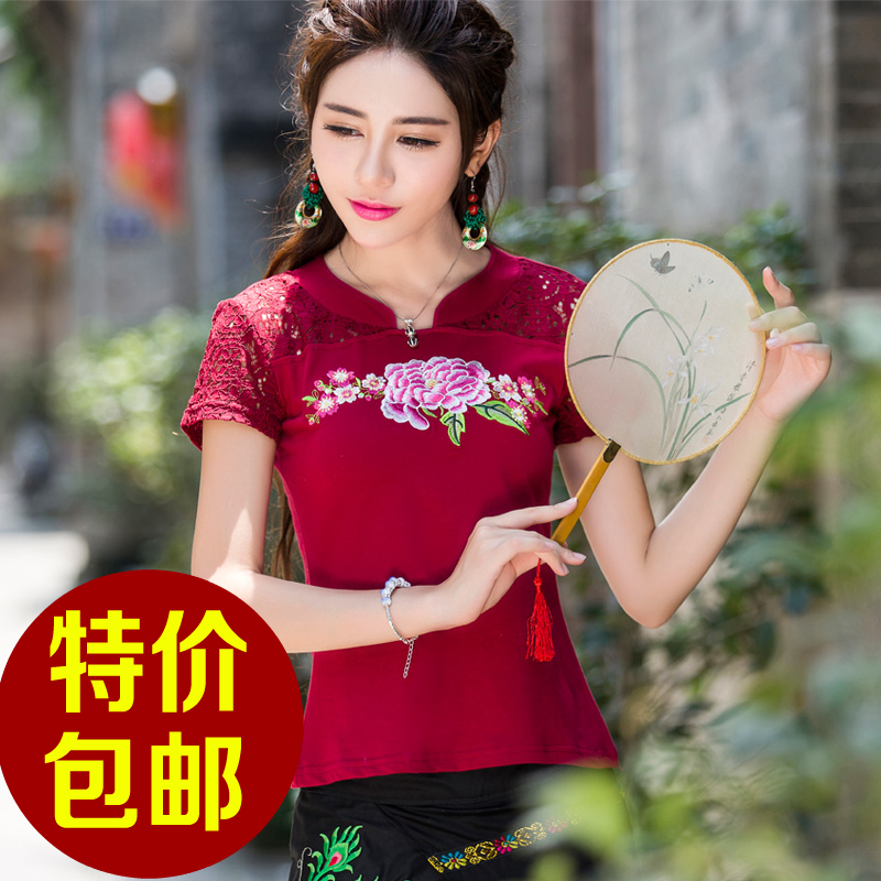 中国风古典女装上衣2016新款民族风夏装短袖T恤针织蕾丝刺绣T恤女