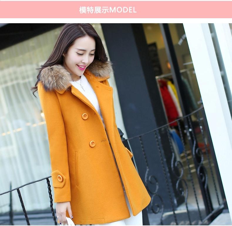 毛呢外套 女2015冬装新款大码韩版修身中长款双排扣毛领呢子大衣