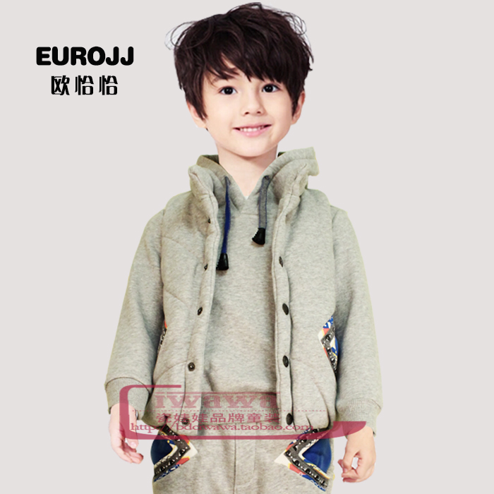 欧恰恰男童2014秋冬装 新款加绒紧口针织卫衣马夹三套装E43182807