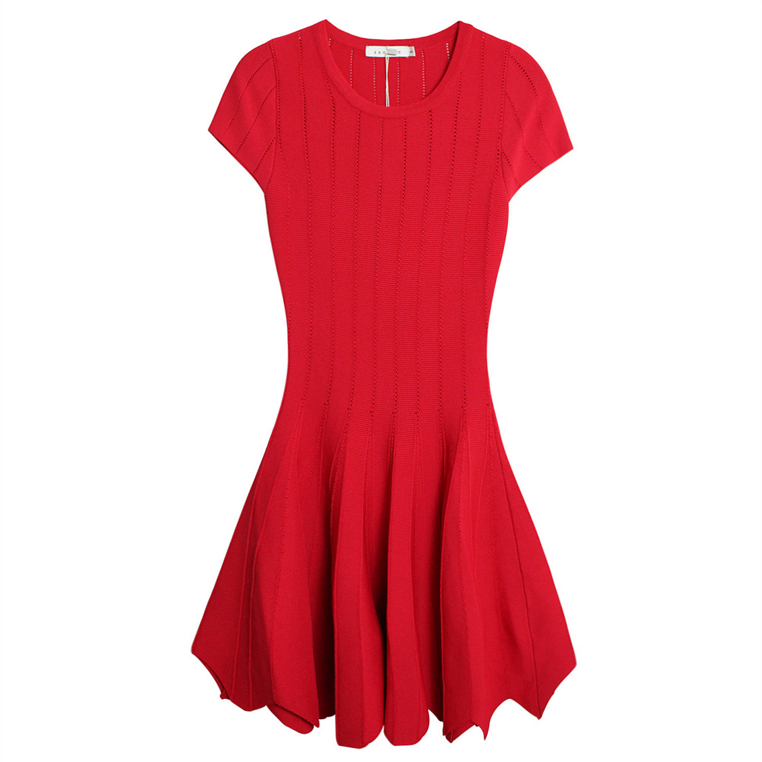 气质收腰显瘦竖条纹纹理性感镂空大红色短袖针织冰丝连衣裙百褶裙