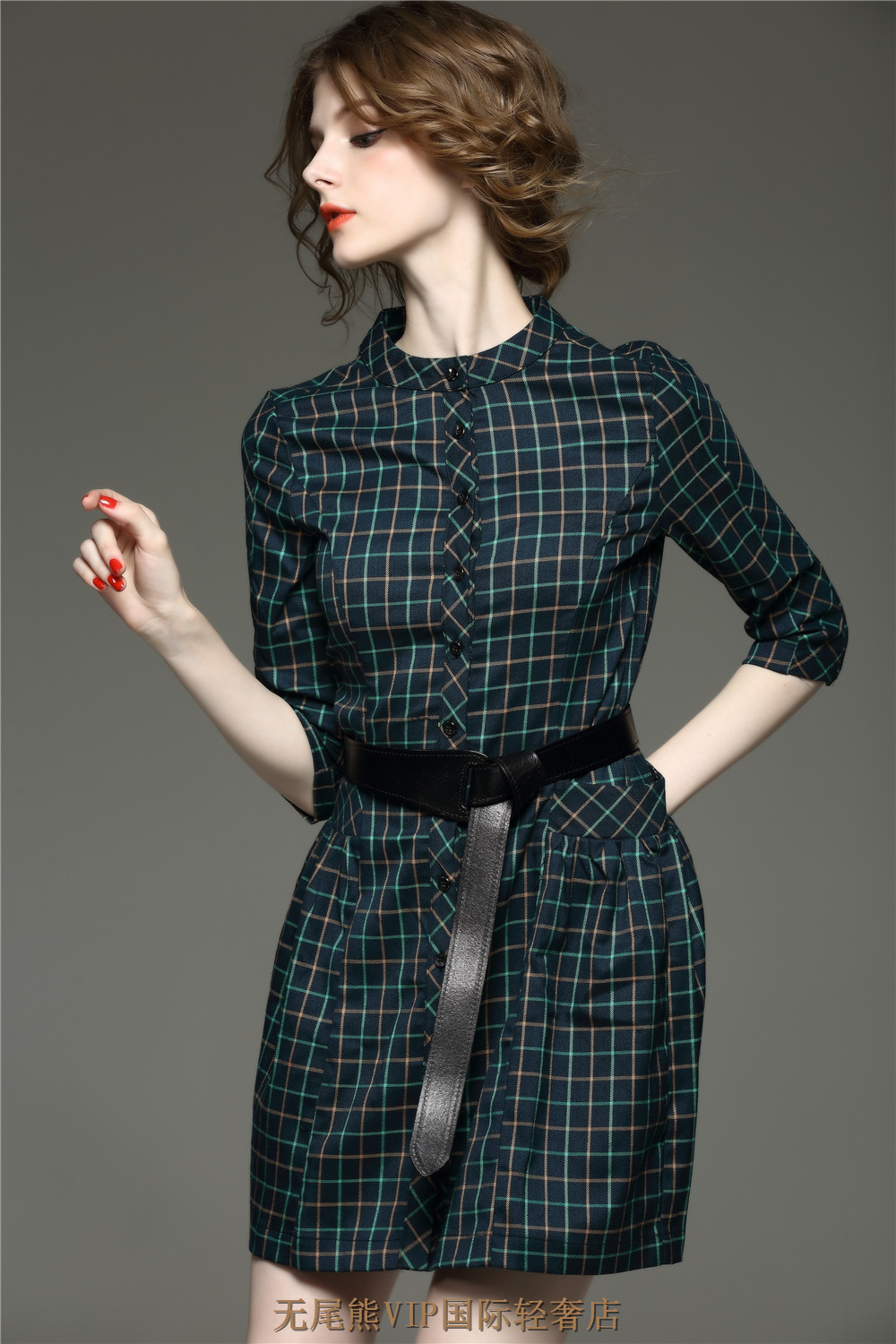 2015秋季专柜正品新款女装 欧美格子印花宽松腰衬衫裙连衣裙气质
